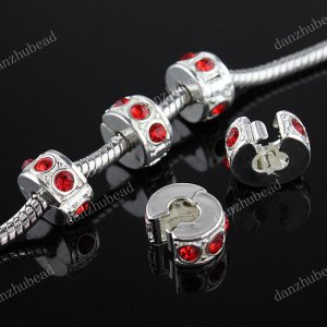 50X RED CRYSTAL SILVER EUROPEAN STOPPER CLIP CHARM BEADS FINDING WHOLESALE 10MM