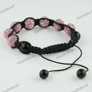1X ADJUSTABLE MACRAME PINK CRYSTAL DISCO BALL BLACK AGATE CHARM BRACELET