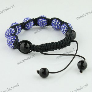 1X ADJUSTABLE MACRAME SAPPHIRE BLUE CRYSTAL DISCO BALL BLACK AGATE BRACELET