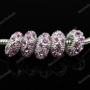 20X PINK CRYSTAL SILVER SPACER BIG HOLE EUROPEAN CHARM BEADS WHOLESALE FINDING