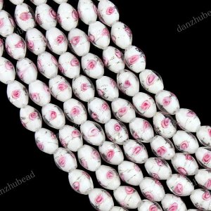 35PCS WHITE LAMPWORK GLASS RICE LOOSE BEADS STRAND 8X10MM