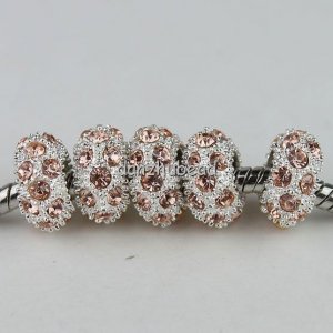 50X WHOLESALE LOTS PEACH CRYSTAL SILVER EUROPEAN CHARM BEADS FIINDINGS