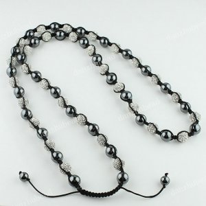 CLEAR SWAROVSKI  CRYSTAL DISCO BALL HEMATITE ADJUSTABLE MACRAME NECKLACE