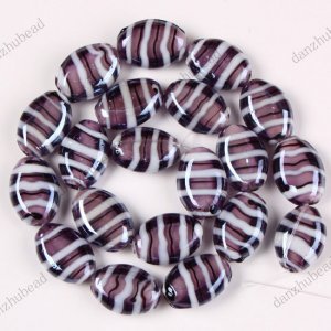 20PCS PURPLE LAMPWORK GLASS OVAL STRIPE BEADS FINDINGS 13X18MM