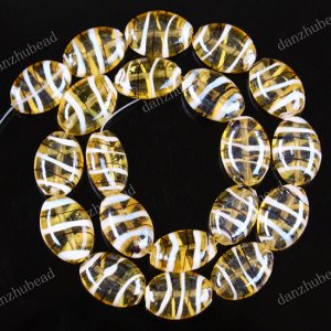 20PCS YELLOW LAMPWORK GLASS OVAL STRIPE BEADS FINDINGS 13X18MM