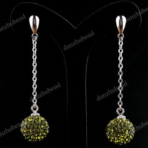 1 PAIR OLIVE SWAROVSKI CRYSTAL TRUE 925 SILVER BALL DANGLE EARRINGS 10MM