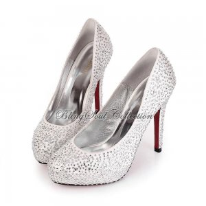 White Round Toe Fabric Shoes with Crystals