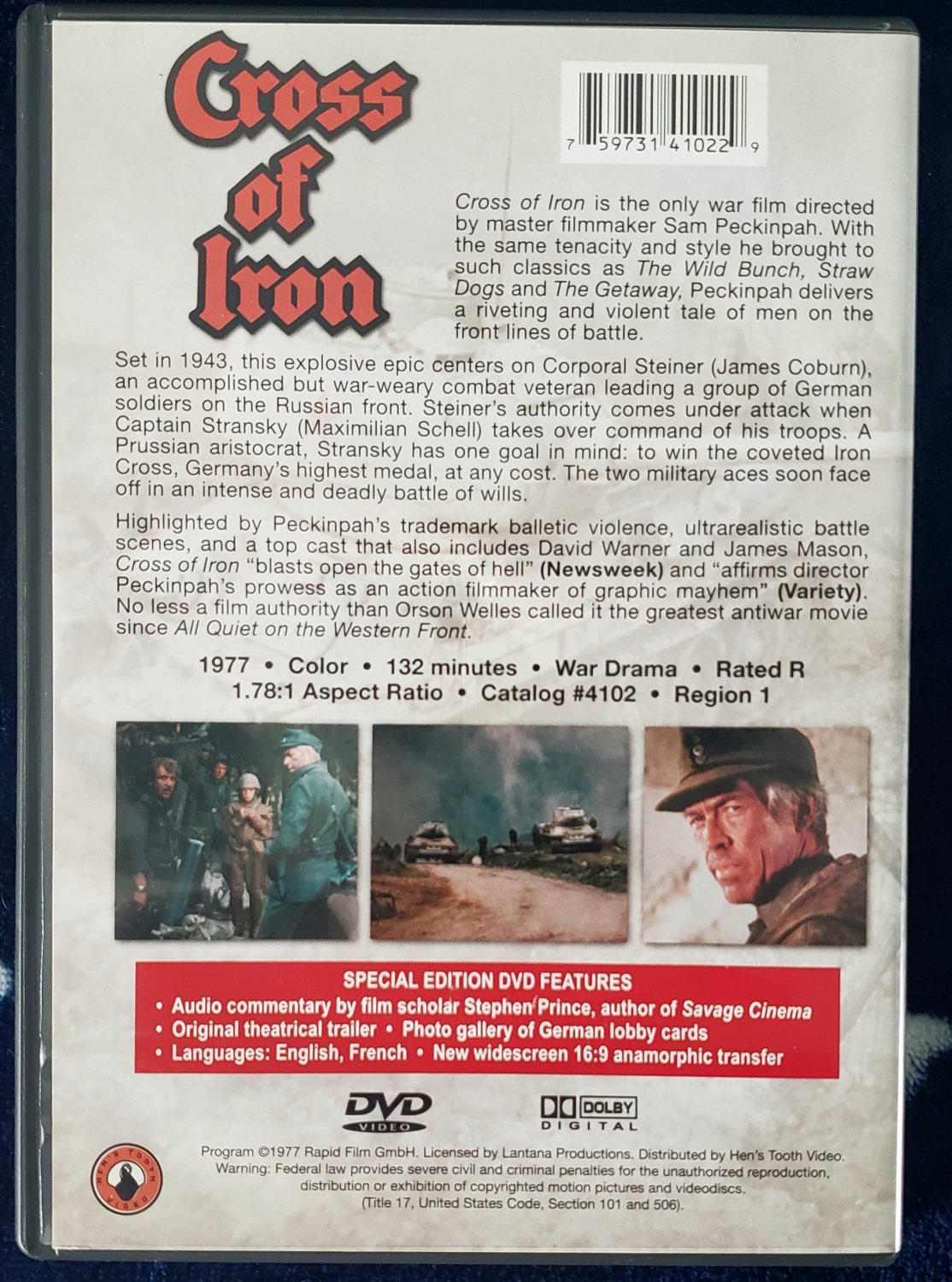 CROSS OF IRON 1977 DVD JAMES COBURN MAXIMILIAN SCHELL JAMES MASON