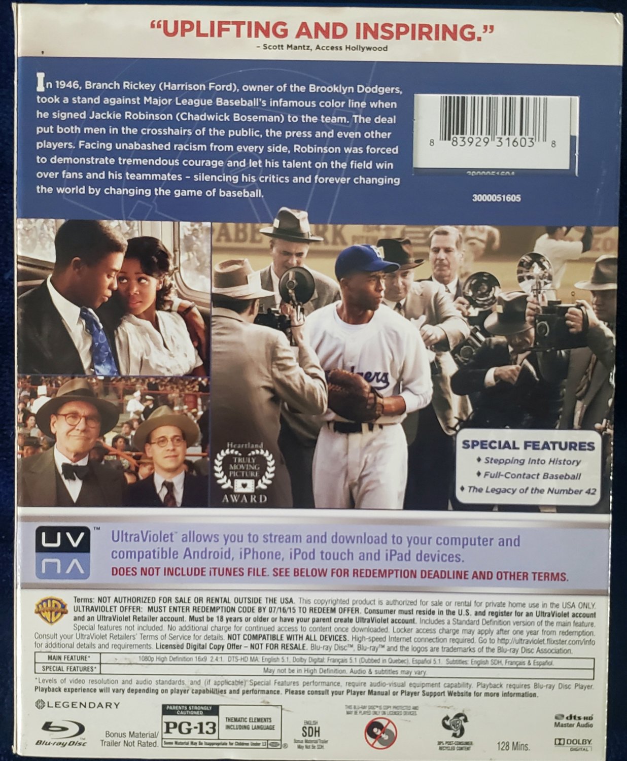42 THE JACKIE ROBINSON STORY 2013 BLU RAY + DVD CHADWICK BOSEMAN