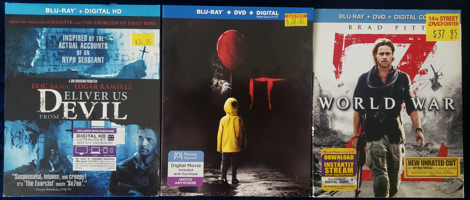 LOT OF 3 HORROR BLU RAY+ DVD DELIVER US FROM EVIL IT WORLD WAR Z
