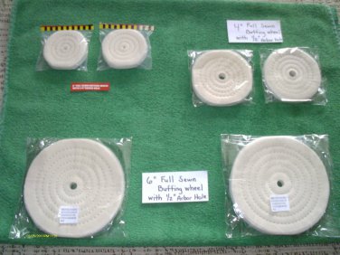 (6) 3, 4 & 6" DIA COTTON polisher BUFFING WHEELS 1/4 & 1/2 ARBOR HOLES 1/2"THICK