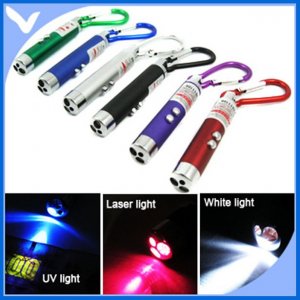 3 in 1  Laser Pointer 2 LED Flashlight UV Torch Keychain +3x LR44 button cell battery  200pcs/lot