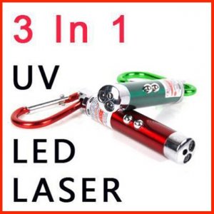 Wholesale 3 in 1 Laser Pointer 2 LED Flashlight UV Torch Keychain +3x LR44 button cell battery