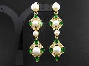 Green Emerald & White Pearl 18KGP Earrings