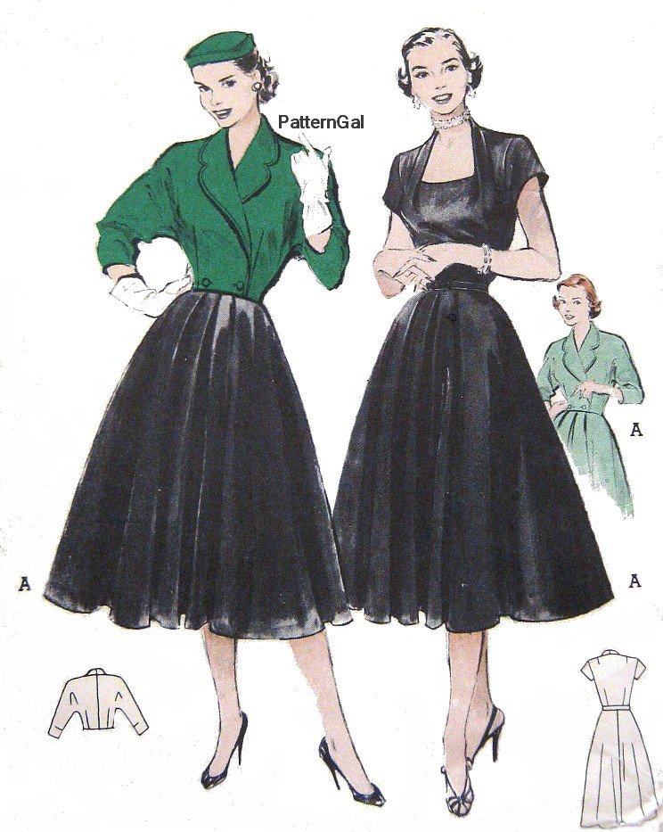 Vintage 1950s Flared Dress & Spencer Jacket Sewing Pattern Low Cut Full Skirt Butterick 6262 Bust 34