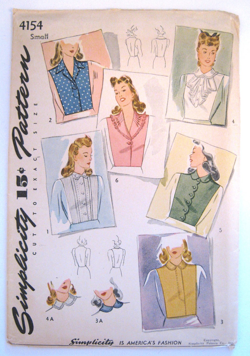 Vintage 1940s Dickey Sewing Pattern Simplicity 4154 Size Small Bust 32 34 Factory Folds