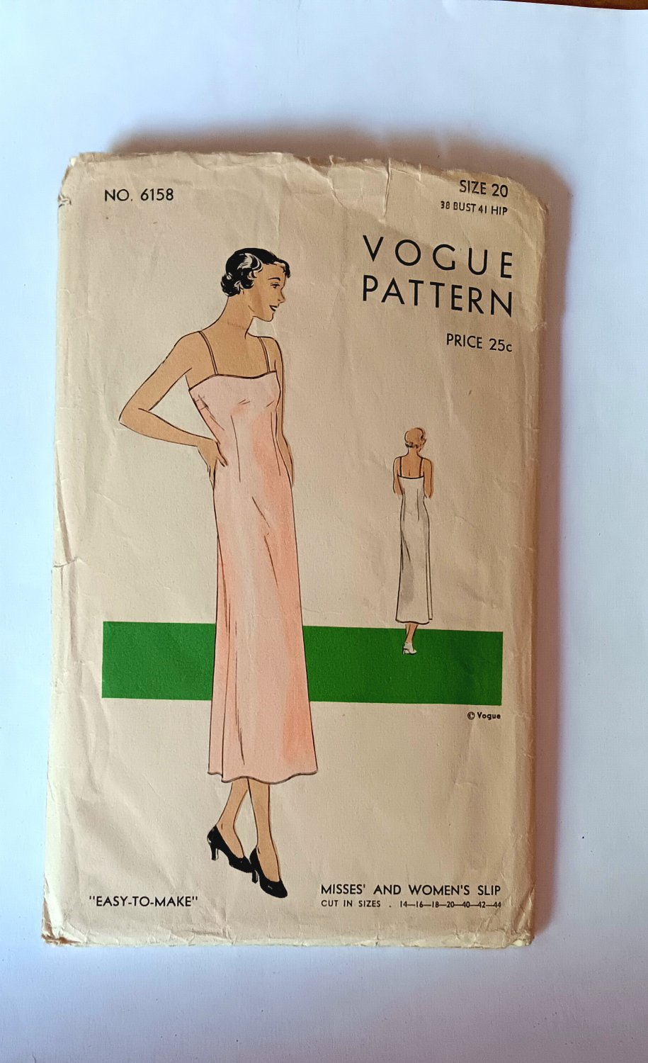 VTG 1930s Slip Sewing Pattern Vogue  6158 Full Figure Misses Plus Size 20 Bust 38