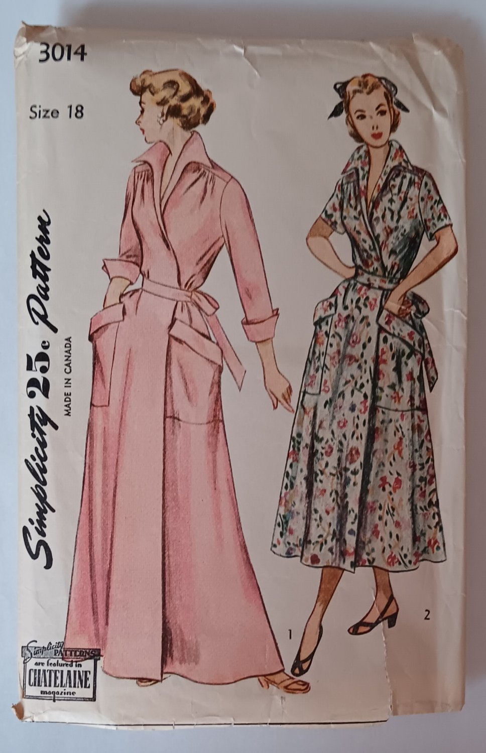 1940s Housecoat or Brunch Coat Wrap-Around Sewing Pattern Simplicity 3014 Size 18 Bust 36