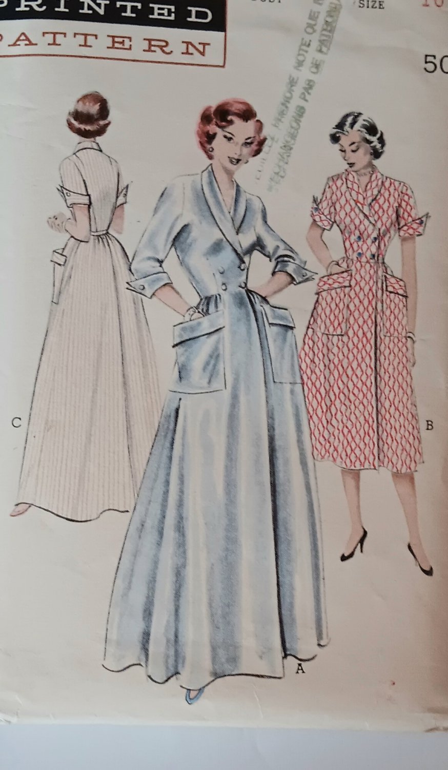 1950s Housecoat or Brunch Coat Sewing Pattern Butterick 6418 Double Breasted Size 16 Bust 34