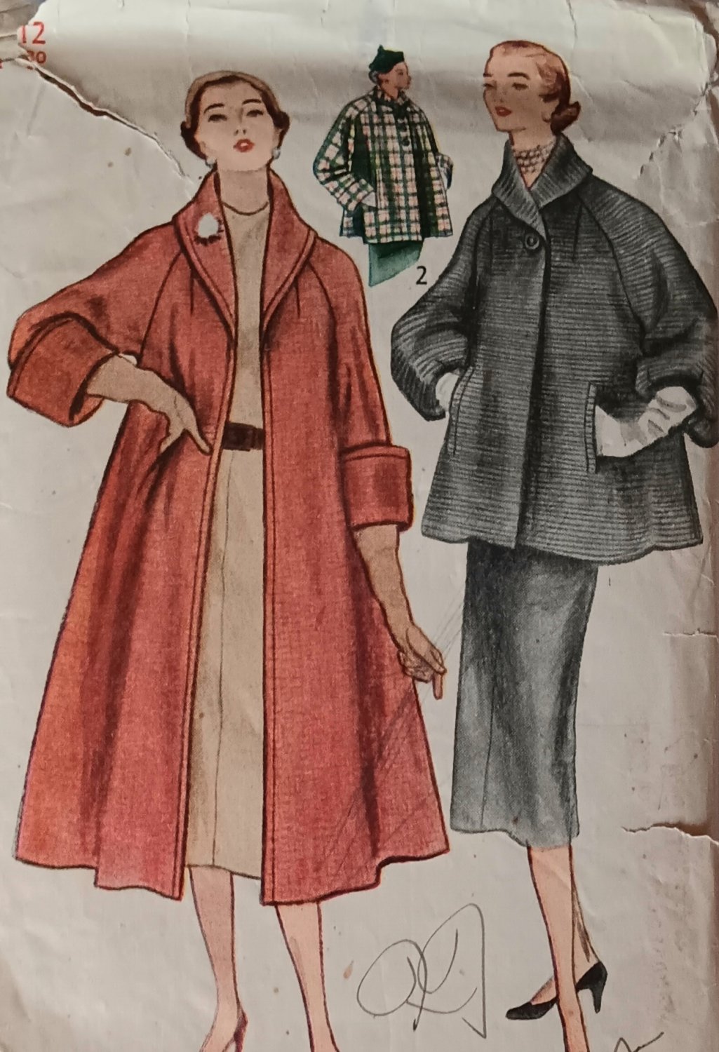 1950s Coat or Topper Jacket Sewing Pattern Simplicity 8449 Flared Swing Shawl Collar Size 12 Bust 30