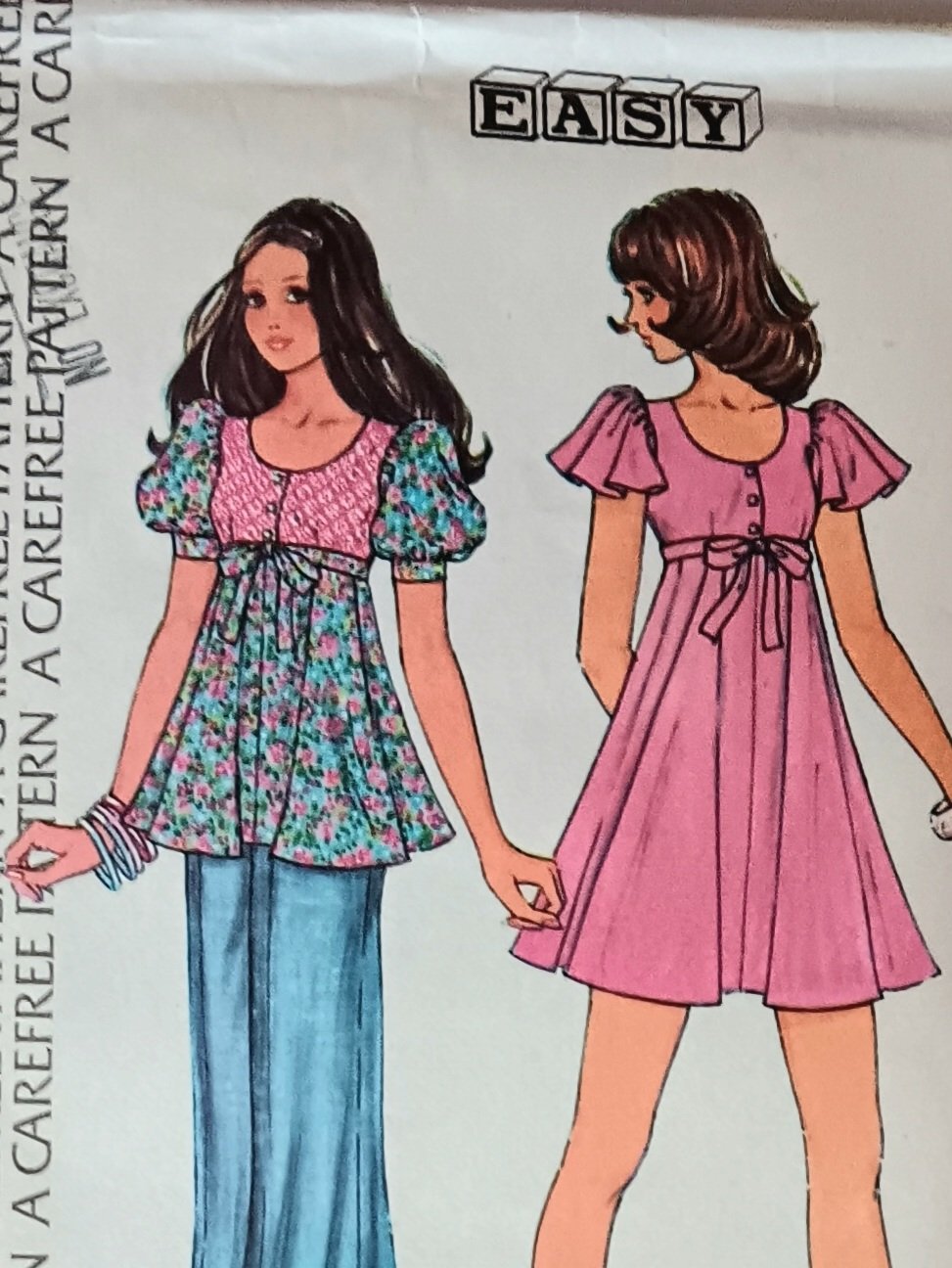 1970s BOHO Dress Top Sewing Pattern McCalls 3682 Empire Waist Flutter Sleeve EASY SZ 10 Bust 32.5 UC
