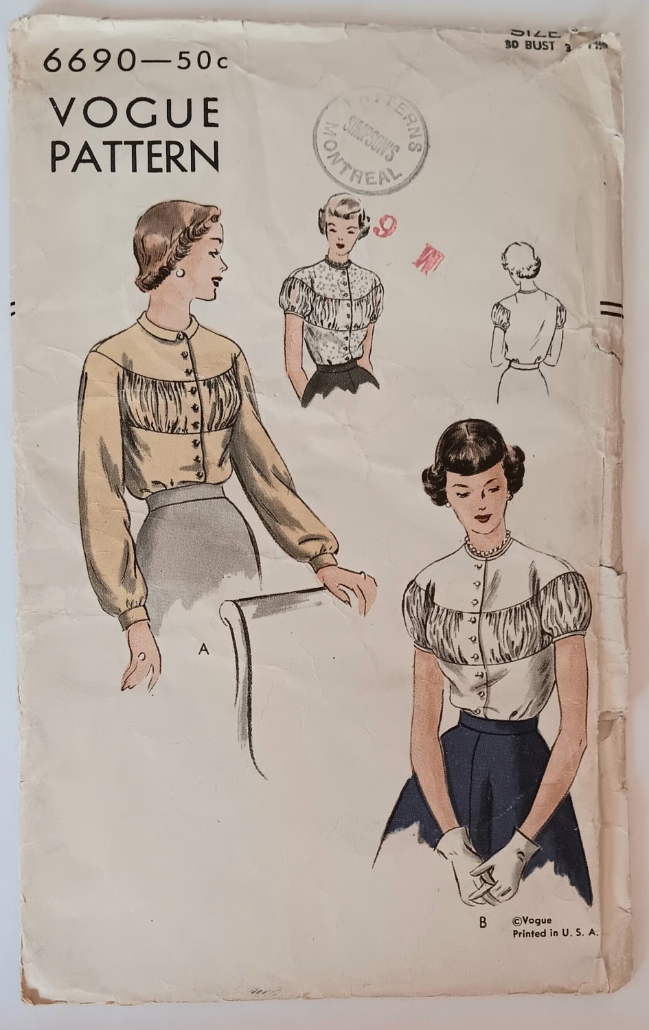 1940s Pretty Blouse Sewing Pattern Vogue 6690 Fancy w Gathered Inset Misses Size 12 Bust 30 UC