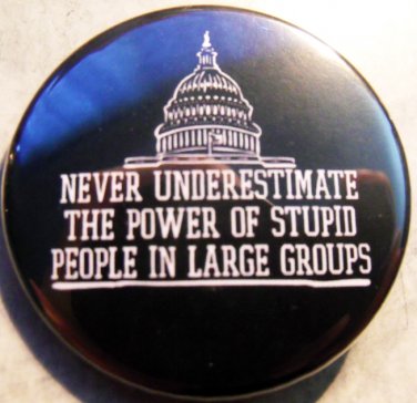 NEVER UNDERESTIMATE THE POWER OF STUPID PEOPLE IN LARGE GROUPS pinback buttons badge 1.25"