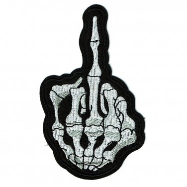 SKELETON MIDDLE FINGER EMBROIDERED IRON-ON PATCH 4.96" x 3.35"