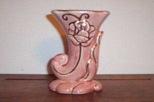 Vintage Pink Cornucopia Floral Vase Gold Details ~ Pottery ~ Glazed inside ~ Collectible