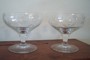 Beautiful Cut Crystal Footed Wine Goblet Depression Glass Set of Two Stems Stemware Sunflower Design