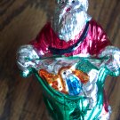Vintage Silver SANTA Painted Plastic Ornament Old Ornaments Red Coat with Green Toy Bag 1M