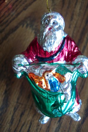 Vintage Silver SANTA Painted Plastic Ornament Old Ornaments Red Coat with Green Toy Bag 1M