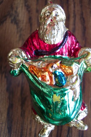 Vintage Gold SANTA Painted Plastic Ornament Old Ornaments Red Coat with Green Toy Bag 1M