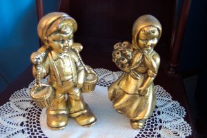 Vintage Goldleafed Dutch Boy and Girl Figurines Possibly German Children