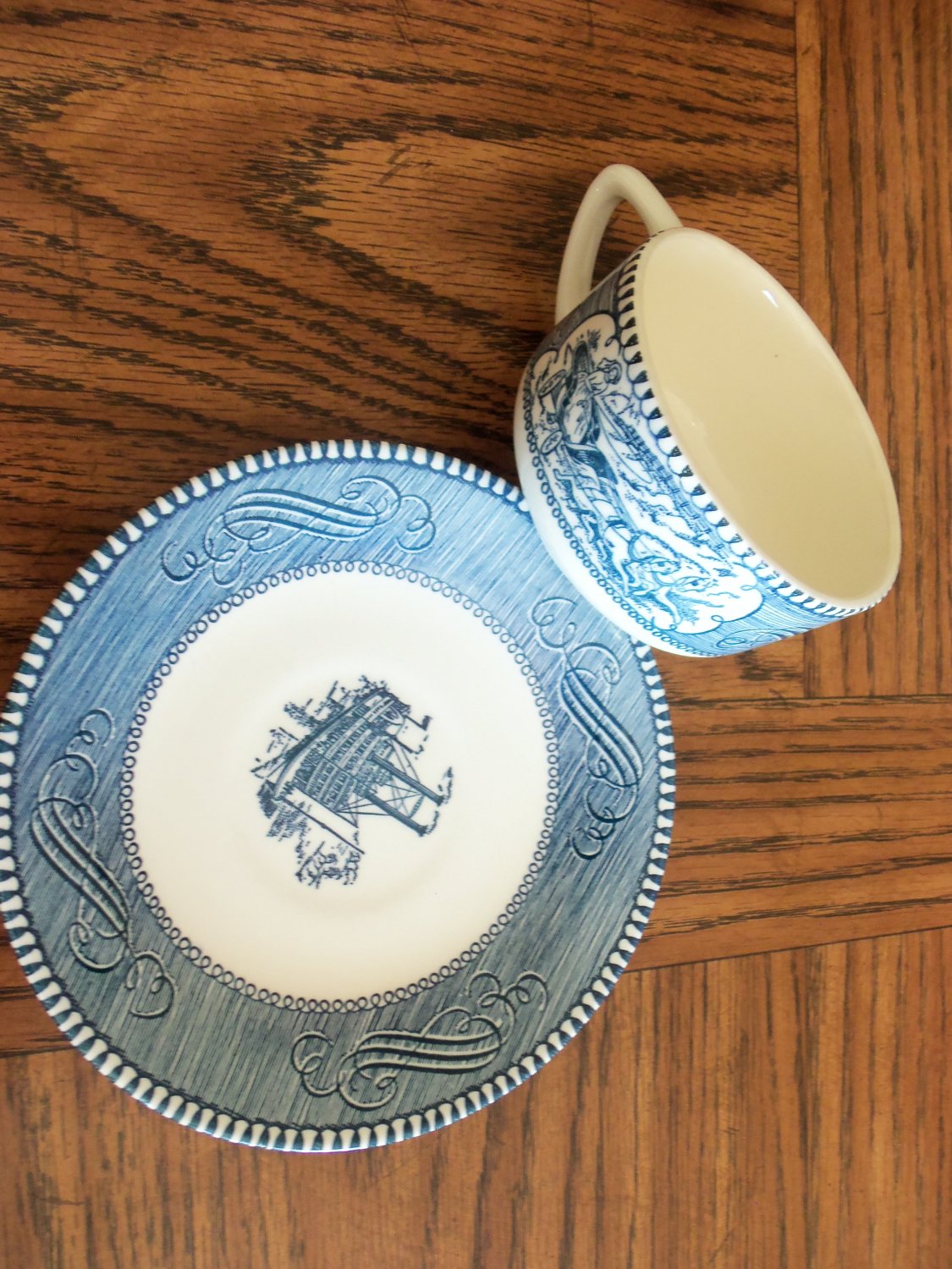 Blue Currier & Ives Flat Cup & Saucer Set by Royal Dinnerware Box19