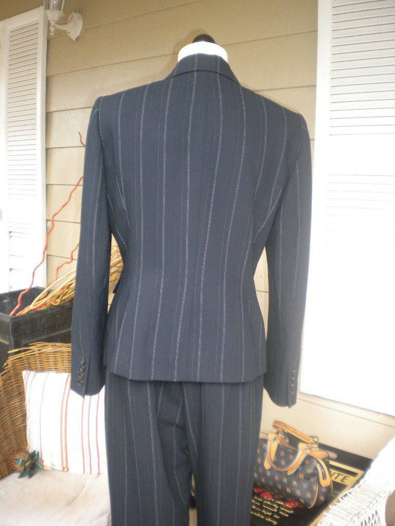 navy pinstripe wide leg trousers