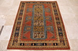 5x6 HAND KNOTTED WOOL AREA RUG RUST BLUE TRIBAL RARE