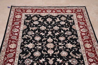 4x6 WOOL&SILK HANDMADE AREA RUG FINE BLACK RED WHITE