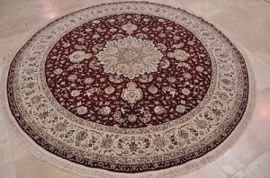 9 FT ROUND WOOL & SILK AREA RUG ORIENTAL HANDMADE BURG