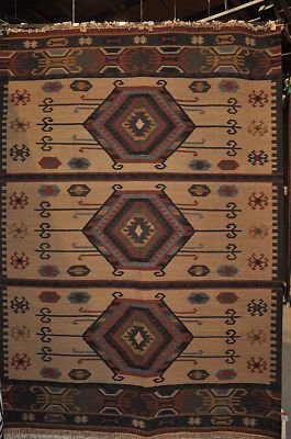 6x9 WOOL AREA RUG HAND MADE TURKISH KILIM BEIGE GREEN