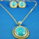 Antique Blue Turquoise with Swarovski Crystals 14K YGP Necklace