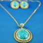 Antique Blue Turquoise with Swarovski Crystals 14K YGP Necklace