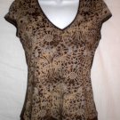 TAHARI V-Neck Brown Pima Cotton Design Top Cap Sleeves Size Small