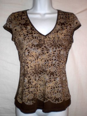 TAHARI V-Neck Brown Pima Cotton Design Top Cap Sleeves Size Small