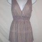 New York & Company Sheer Lavender & Tan Babydoll Top M