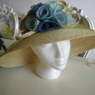 ROMANTIC AUGUST STRAW GARDEN PARTY HAT with PRETTY BLUE STRAW FLOWER CORSAGE!