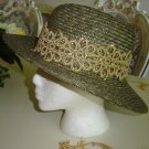 W&S WHITTALL & SHON OLIVE with GOLD BROCADE & SEQUIN TRIM STRAW HAT - BRAND NEW - STATELY!