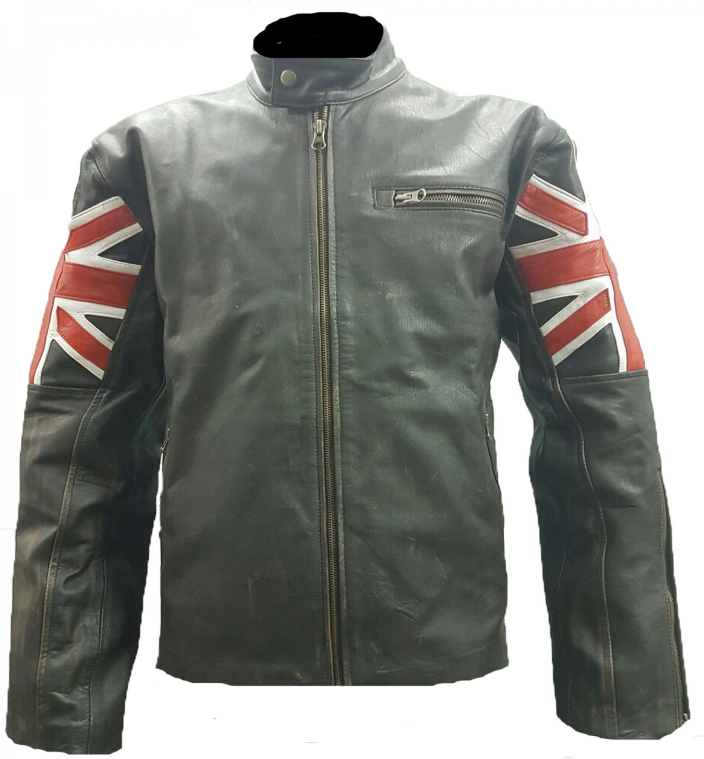 HiFacon Cafe Racer UK vlag jas vintage motorfiets retro Moto distressed lederen jas, Leren jas met Britse vlag, XL