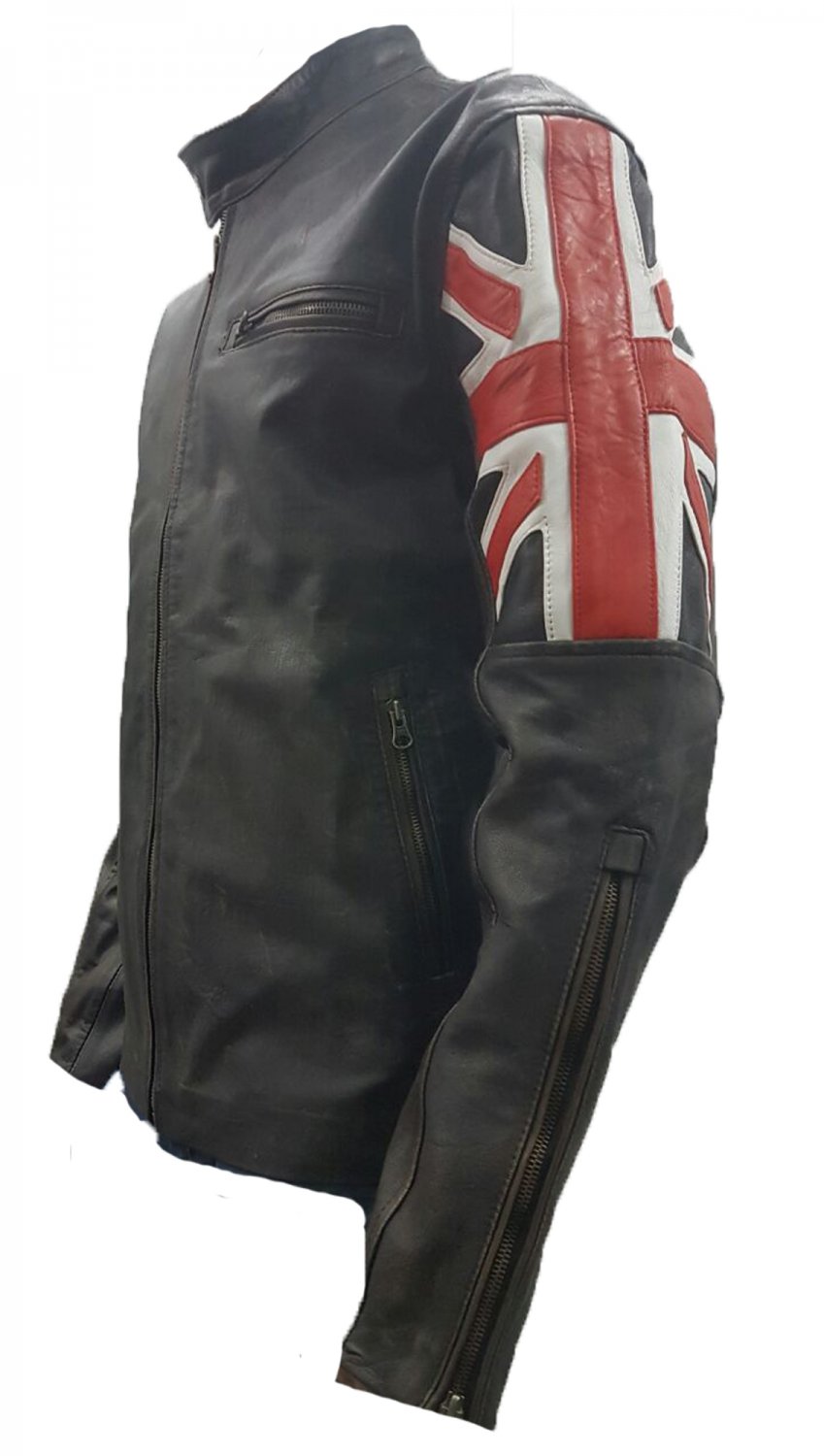 Mens Cafe Racer Union Jack UK Flag Vintage Motorcycle Biker Leather