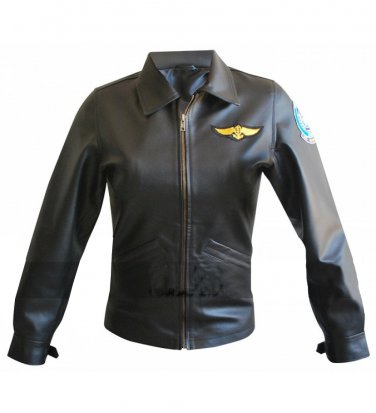 TOP GUN BLACK Ladies Jet Fighter Bomber Navy Air Force Pilot Real Leather Jacket